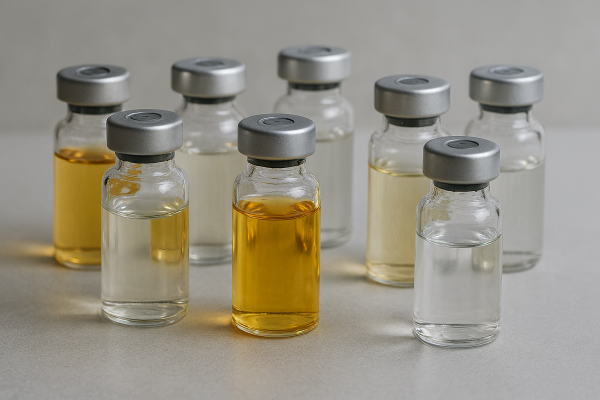 Clear medical vials holding liquid. Some of the liquid is clear, some is yellow.