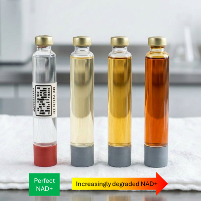 The deeper the red colour, the greater the degradation of the NAD+ solution.